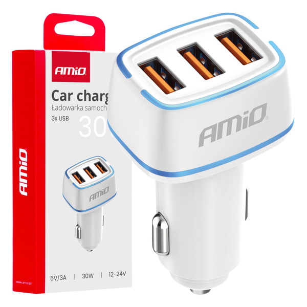 AMiO Autós töltő 3x USB-A 30W 12/24V 5V/3A (0503889)