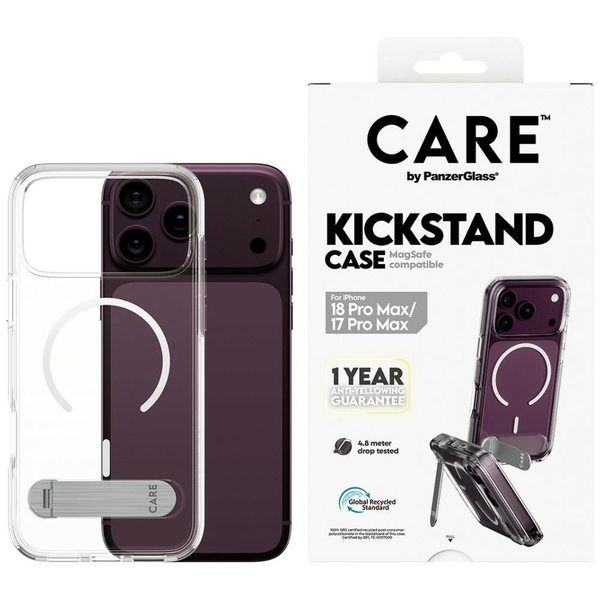 PanzerGlass CARE™ by ® Kickstand Case Transparent w. White MagSafe iPhone 18 Pro Max | 17 Pro Max custodia per cellulare Cover Trasparente