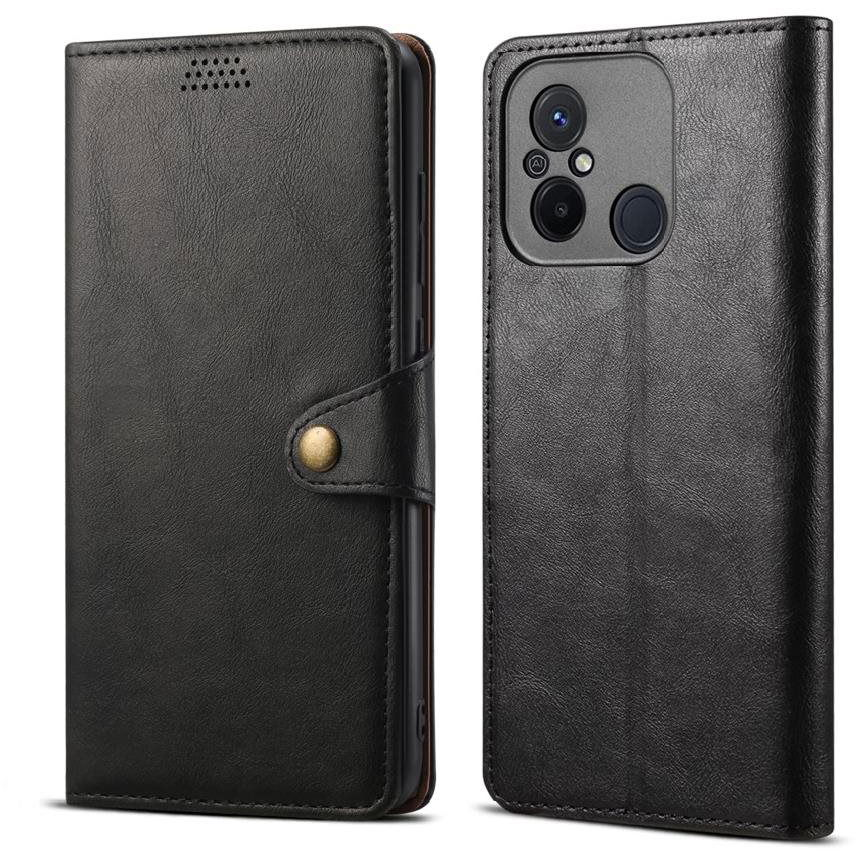Lenuo Xiaomi Redmi 12C fekete bőr flip tok (348434)