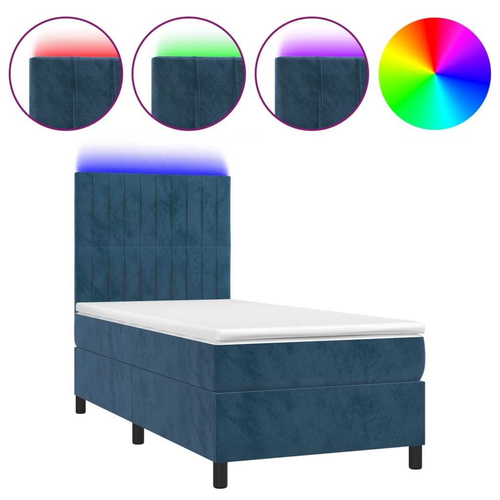 sötétkék bársony rugós és LED-es ágy matraccal 90x200 cm (3136225)