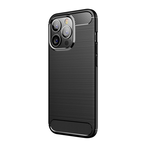 Szilikon telefonvédő (közepesen ütésálló, légpárnás sarok, szálcsiszolt, karbon minta) FEKETE [Apple iPhone 13 Pro] (5996591098289)