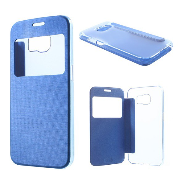 Tok álló, bőr hatású (FLIP, oldalra nyíló, átlátszó hátlap, S-View Cover, szálcsiszolt mintázat) KÉK [Samsung Galaxy S6 (SM-G920)] (5996457529773)