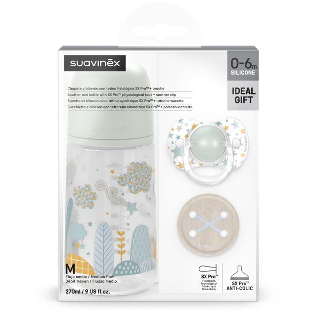 Suavinex cumisüveg szett 270 ml + cumi 0-6m + Dreams klipsz - zöld (8426420083461)