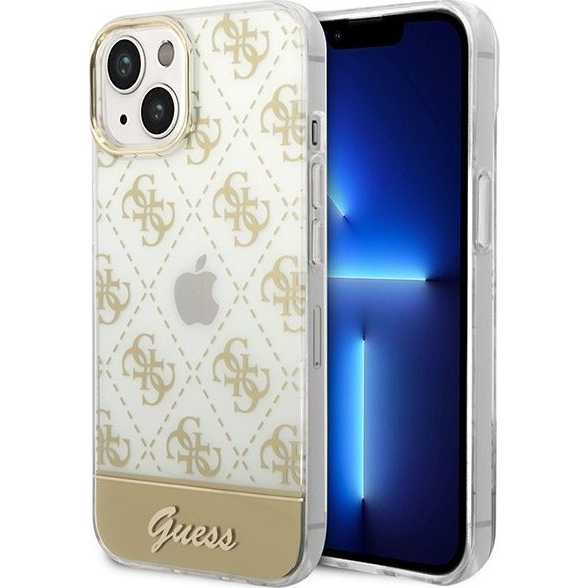 Guess Peony Glitter Script Logo Apple iPhone 14 Plus Tok - Arany/Mintás (GUE1984)