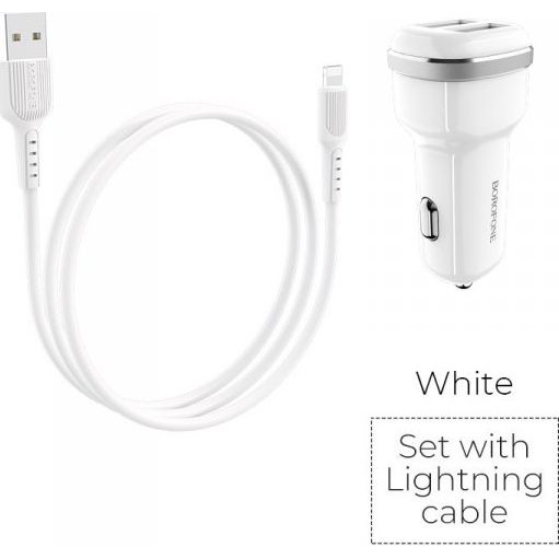 Nabíjačka do auta Borofone 2 x USB kábel Lightning biela (BFO-BZ13-L-W)