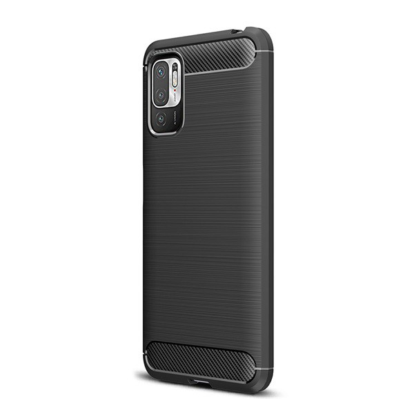 Szilikon telefonvédő (közepesen ütésálló, légpárnás sarok, szálcsiszolt, karbon minta) FEKETE [Xiaomi Redmi Note 10 5G (Poco M3 Pro 5G)]