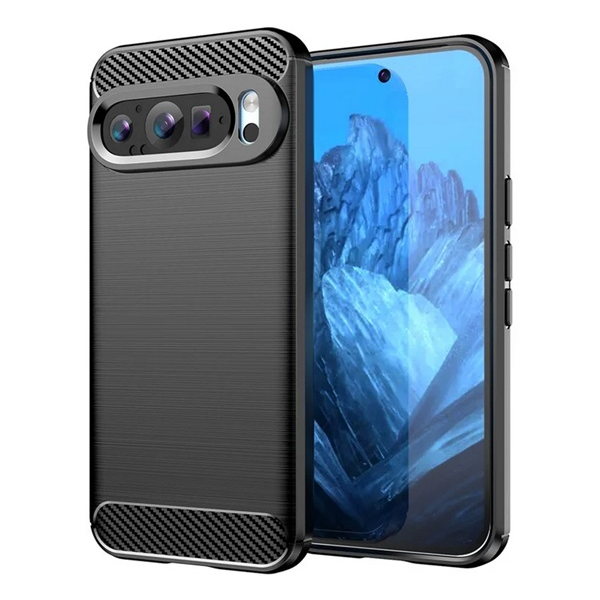 Szilikon telefonvédő (ütésállóság, légpárnás sarok, szálcsiszolt, karbon minta) FEKETE Google Pixel 9 Pro / Pixel 9 "Gigapack csomagolás" (GP-160830)