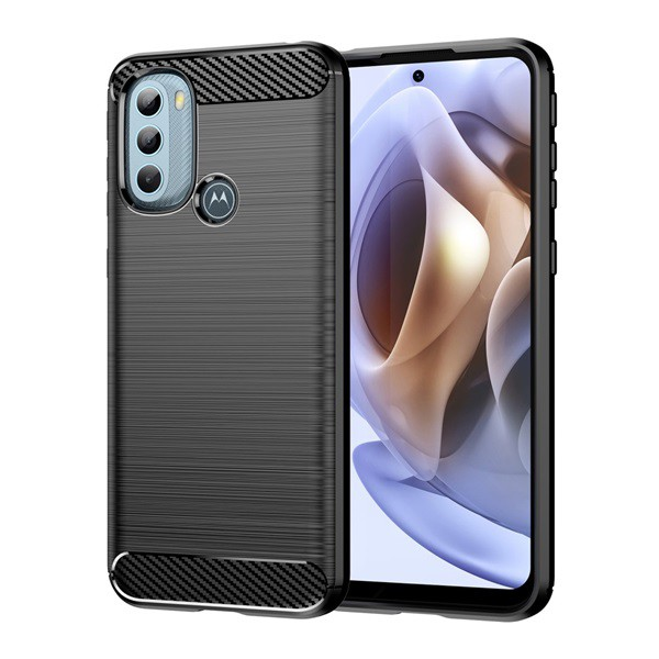 Szilikon telefonvédő (közepesen ütésálló, légpárnás sarok, szálcsiszolt, karbon minta) FEKETE [Motorola Moto G41 (XT2167)] (5996591160061)