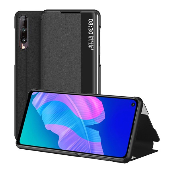 Tok álló, bőr hatású (FLIP, oldalra nyíló, asztali tartó funkció, hívószámkijelzés, View Window) FEKETE [Huawei P40 Lite E / Y7p] (5996591000213)