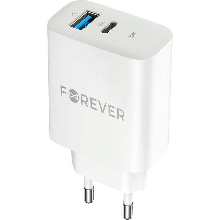 Forever TC-07-30AC Hálózati Töltő 1xUSB-A És 1xUSB-C Csatlakozással PD QC 30W-Fehér (GSM172201)