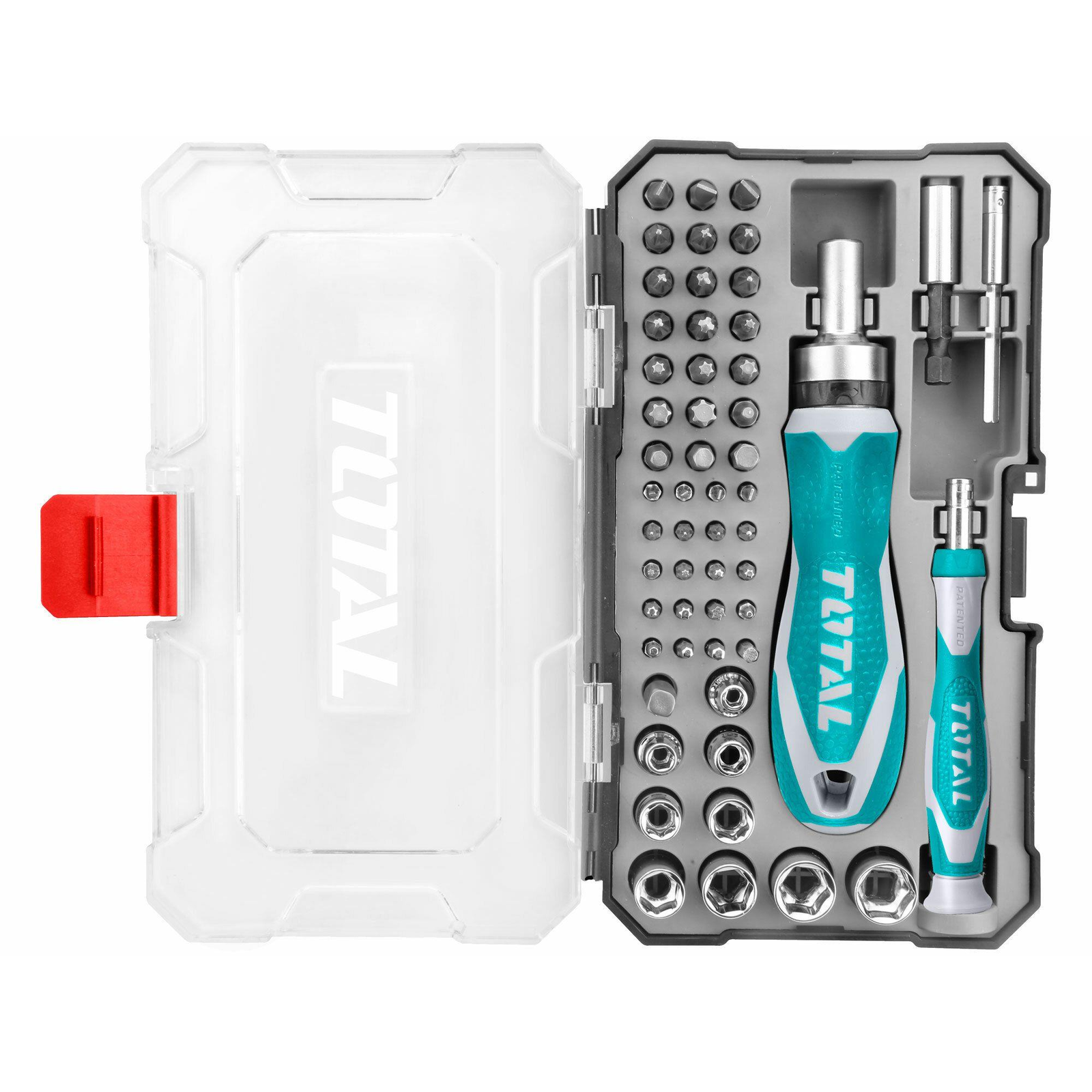 TOTAL-TOOLS Racsnis és órás csavarhúzó készlet anyákkal és bitekkel, 55 db, ipari (6925582196399)