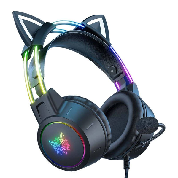 Căști de gaming cu microfon integrat ONIKUMA X15 PRO, cu urechi de pisică, negre