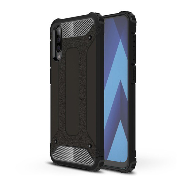 Defender műanyag telefonvédő (közepesen ütésálló, légpárnás sarok, szilikon belső, fémhatás) FEKETE [Samsung Galaxy A50s (SM-A507F)]