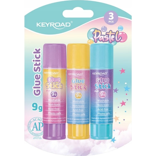  Keyroad Klej w sztyfcie KEYROAD, Pastel, PVP, 9g, 3 szt., blister, mix kolorów