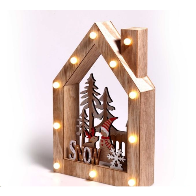 IRIS Karácsonyi ház alakú Télapó-rénszarvas mintás/20x30x5,5cm/meleg fehér LED-es fa fénydekoráció (309-01) (309-01)