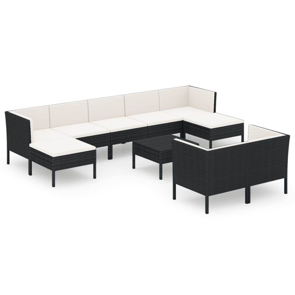 10 részes fekete polyrattan kerti ülőgarnitúra párnákkal (3094576)