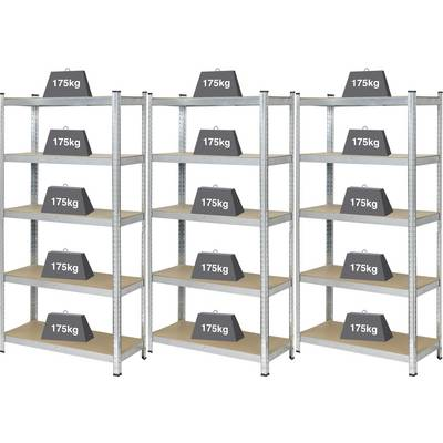 Nagy teherbírású polcos állvány 175 kg, 900 x 1800 x 400 mm, fém/MDF fa polcokkal, ónozott, 3 db, Basetech 2142910