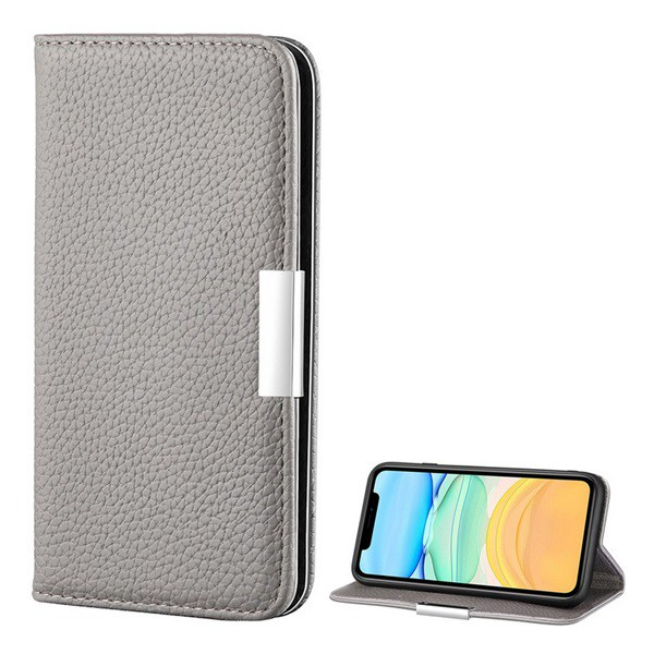 Tok álló, bőr hatású (FLIP, oldalra nyíló, asztali tartó funkció, mágneses, elegáns fémcsat, prémium) SZÜRKE [Apple iPhone 12 mini] (5996591012285)