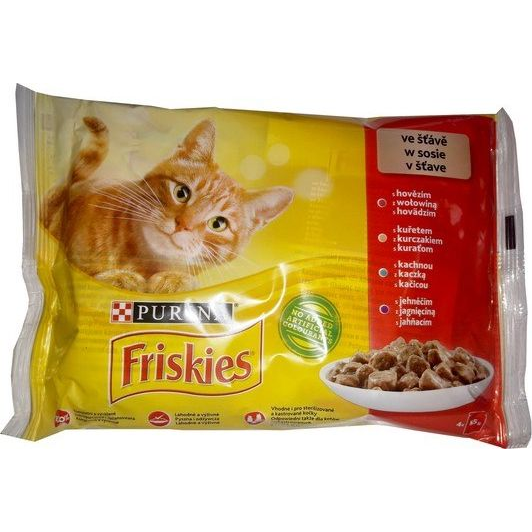 Állateledel alutasakos PURINA Friskies macskáknak csirke-marha-bárány-kacsa 4x85 g (12401192)