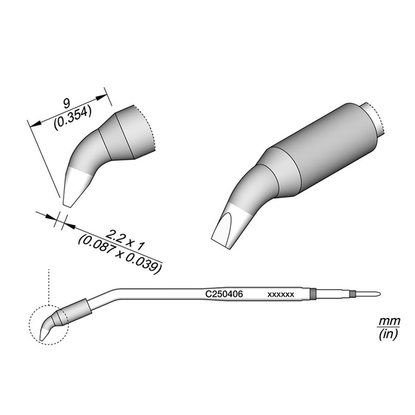 JBC Tools C250406 forrasztóhegy, véső forma, hajlított 2.2 x 1 mm, hossza 9 mm