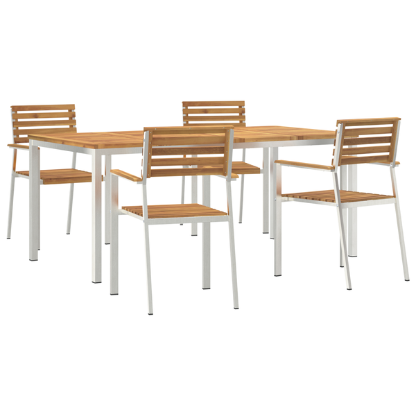 5 darabos Kerti Étkező Szett Tömör Akácfából, Kültéri Étkezőasztal 180x90x75 cm Tömör Akácfából, Összecsukható Kerti Székek 4 db Tömör Akácfa és Acél