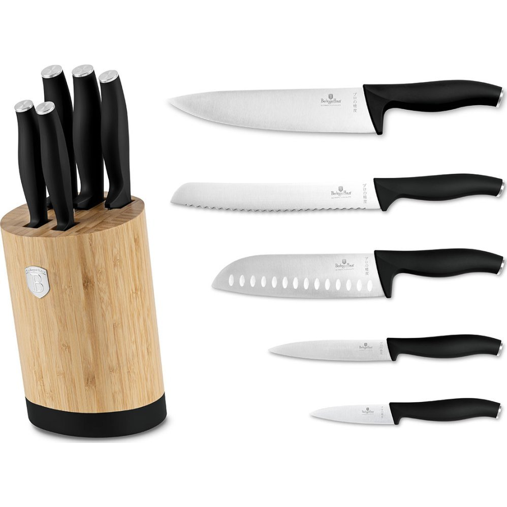 BerlingerHaus BH/2753 Matte Black Collection 6 Részes Késkészlet - Bambusz Állvánnyal, Rozsdamentes Acél, Matt Fekete (BH-2753)