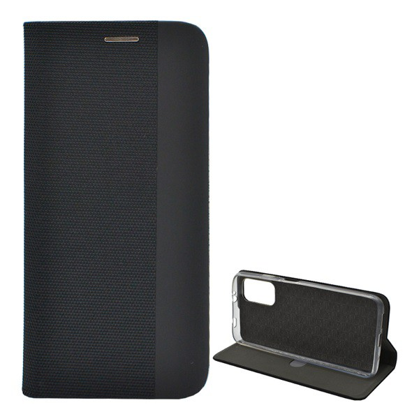 Tok álló, bőr hatású (FLIP, oldalra nyíló, asztali tartó funkció, textil minta) FEKETE [Xiaomi Redmi 9T] (5996591045900)