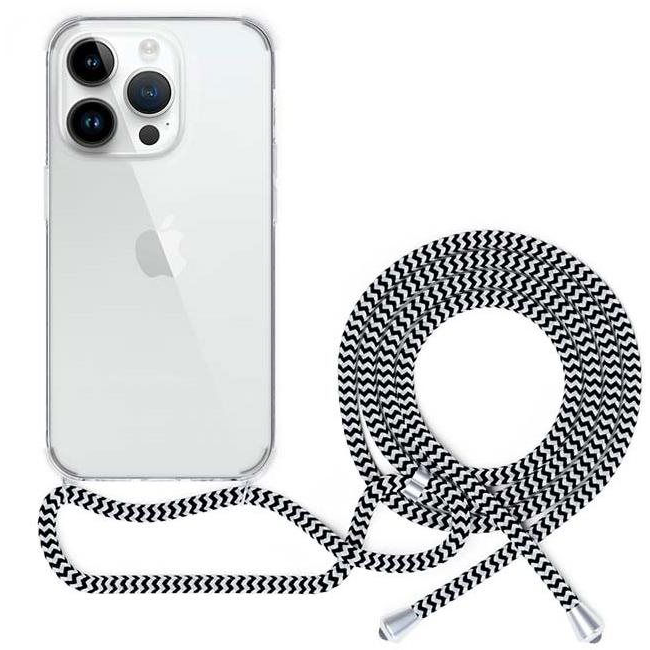 Spello Crossbody iPhone 15 Pro átlátszó tok fekete-fehér zsinórral (81310101000007)