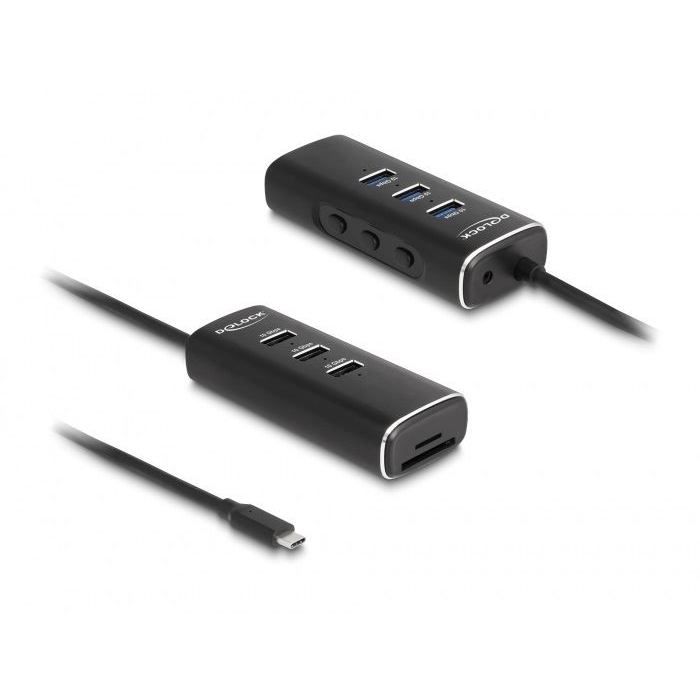 Delock 3 portos USB 10 Gbps hub, SD és Micro-SD kártyaolvasóval USB Type-C , 60 cm hosszú kábellel és portokhoz tartozó kapcsolóval (64234)