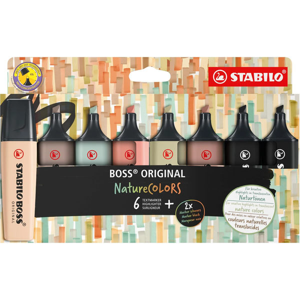 STABILO BOSS NatureColors speedmarker 6 stk Mejselspids Sort, Bronze, Grøn, Grå, Lysegrøn