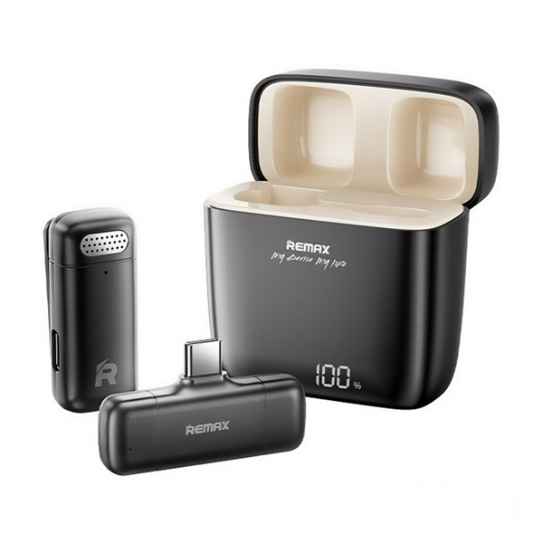 Remax bluetooth mikrofon (Type-C, LAVALIER csíptethető, zajszűrő + töltőtok) FEKETE (K13)