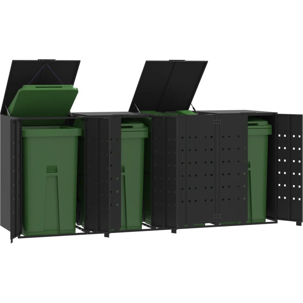 fekete acél kerekes tároló 4 szemeteskukához 276 x 79 x 117 cm (3279979)