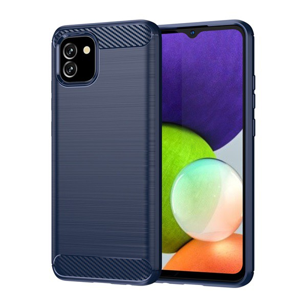 Szilikon telefonvédő (közepesen ütésálló, légpárnás sarok, szálcsiszolt, karbon minta) SÖTÉTKÉK [Samsung Galaxy A03 (SM-A035)] (5996591160214)