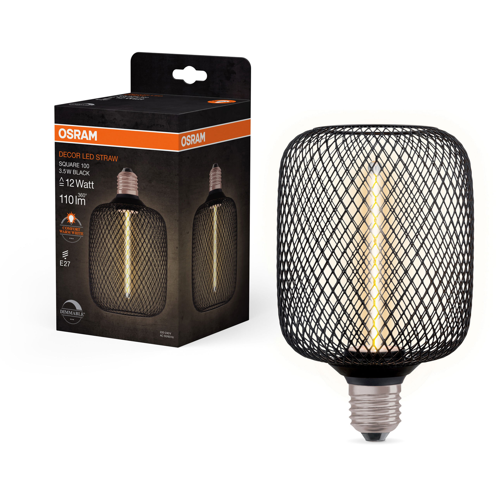 OSRAM LED izzó, szalma, E27, SQUARE BLACK, szabályozható meleg fehér (4058075840263)