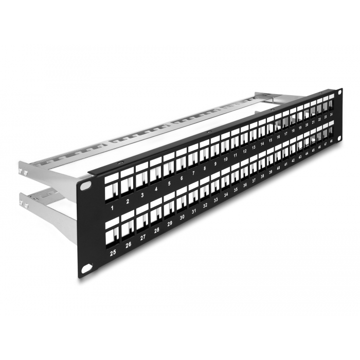 Delock 19 Keystone patch panel 48 porttal és tehermentesítőkkel 2U fekete (66878) (66878)