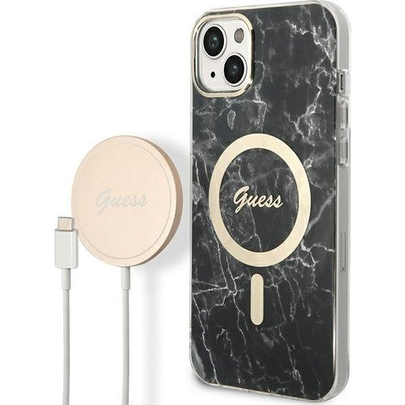Guess Marble MagSafe Apple iPhone 14 hátlap tok, fekete + MagSafe töltő