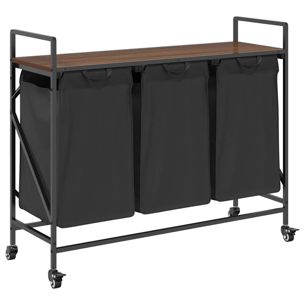 barna tölgy mosodai kosár 3 rekeszes kerekekkel (859094)