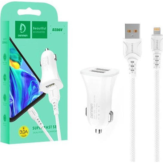 Ładowarka Vega ŁADOWARKA SAMOCHODOWA 3A + KABEL IPHONE BIAŁA DENMEN 3100mA DUAL FAST CHARGING 2XUSB DZ06L 15W>