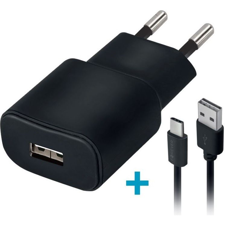 Forever TC-01 Hálózati Töltő 1xUSB-A Csatlakozással 2A+Type-C Kábel-Fekete (GSM032681)