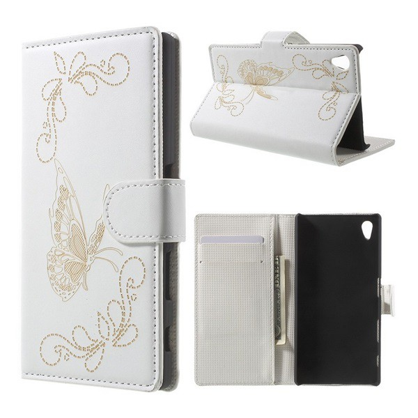 Tok álló, bőr hatású (FLIP, oldalra nyíló, asztali tartó funkció, gravírozott, pillangó minta) FEHÉR [Sony Xperia Z5 (E6653)] (5996457585915)