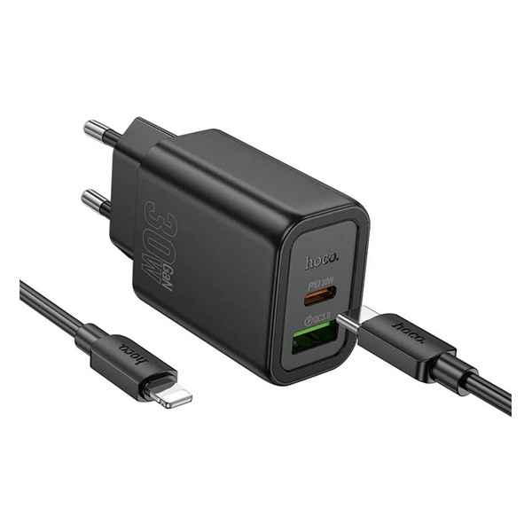HOCO N63 USB-A / USB-C Hálózati Gyorstöltő Adapter 30W + Lightning kábel - Fekete (N63_USB_TYPEC_LIGHTNING_B)