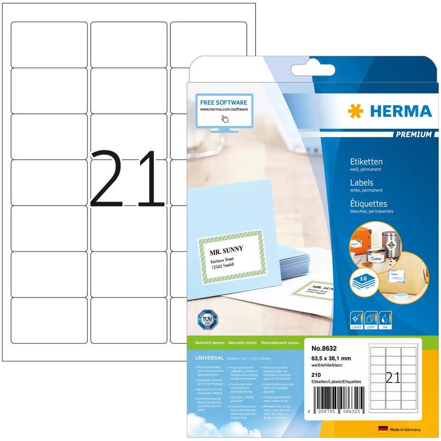 HERMA Adressetiketten A4 weiß 63,5x38,1 mm Papier 210 St. (8632) (8632)