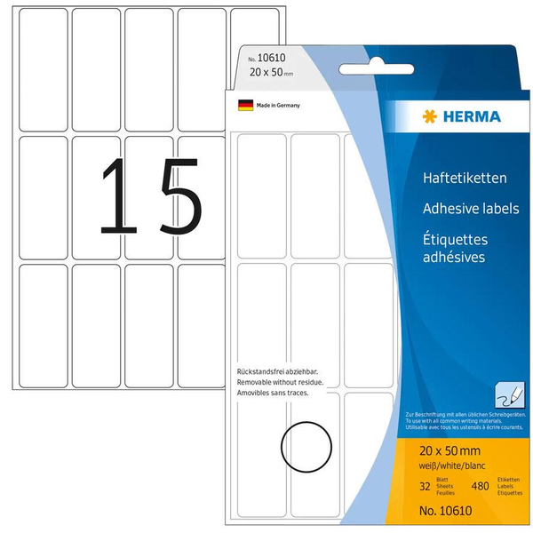 HERMA Vielzwecketiketten weiß 20x50 mm ablösbar  480 St.