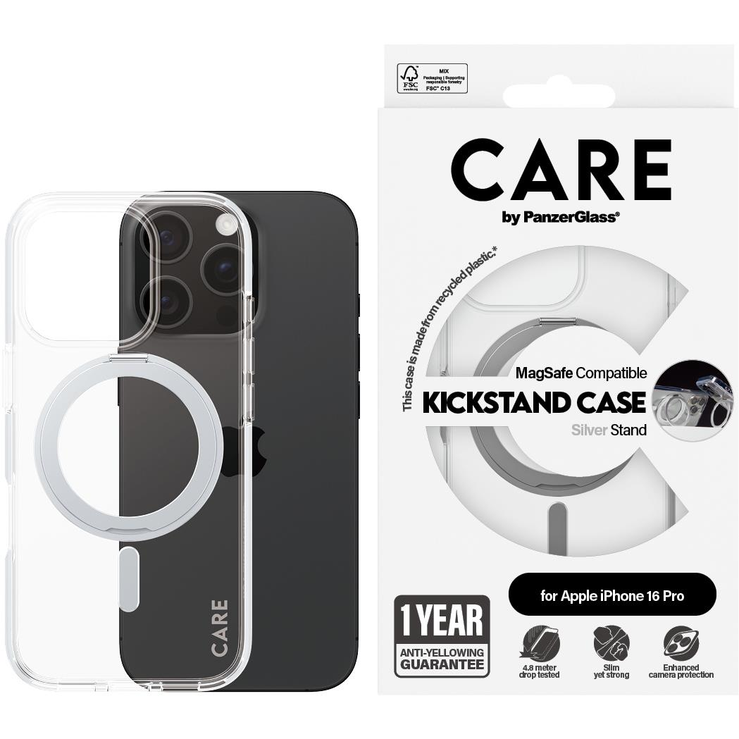 PanzerGlass CARE Apple iPhone 16 Pro MagSafe KickStand átlátszó/szürke nem sárguló tok (1326)