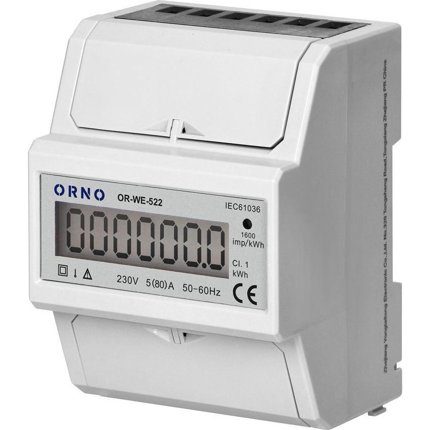 Orno 1-Fázisú Villamosenergia-Fogyasztásjelző, 80A, 3 Modul, Din Th-35 mm