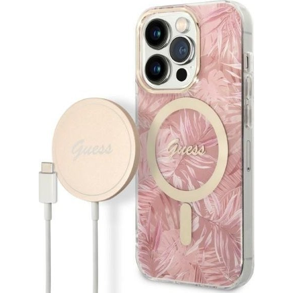 GuessJungle MagSafe Apple iPhone 14 Pro hátlap tok, pink + MagSafe töltő (GUE002578)