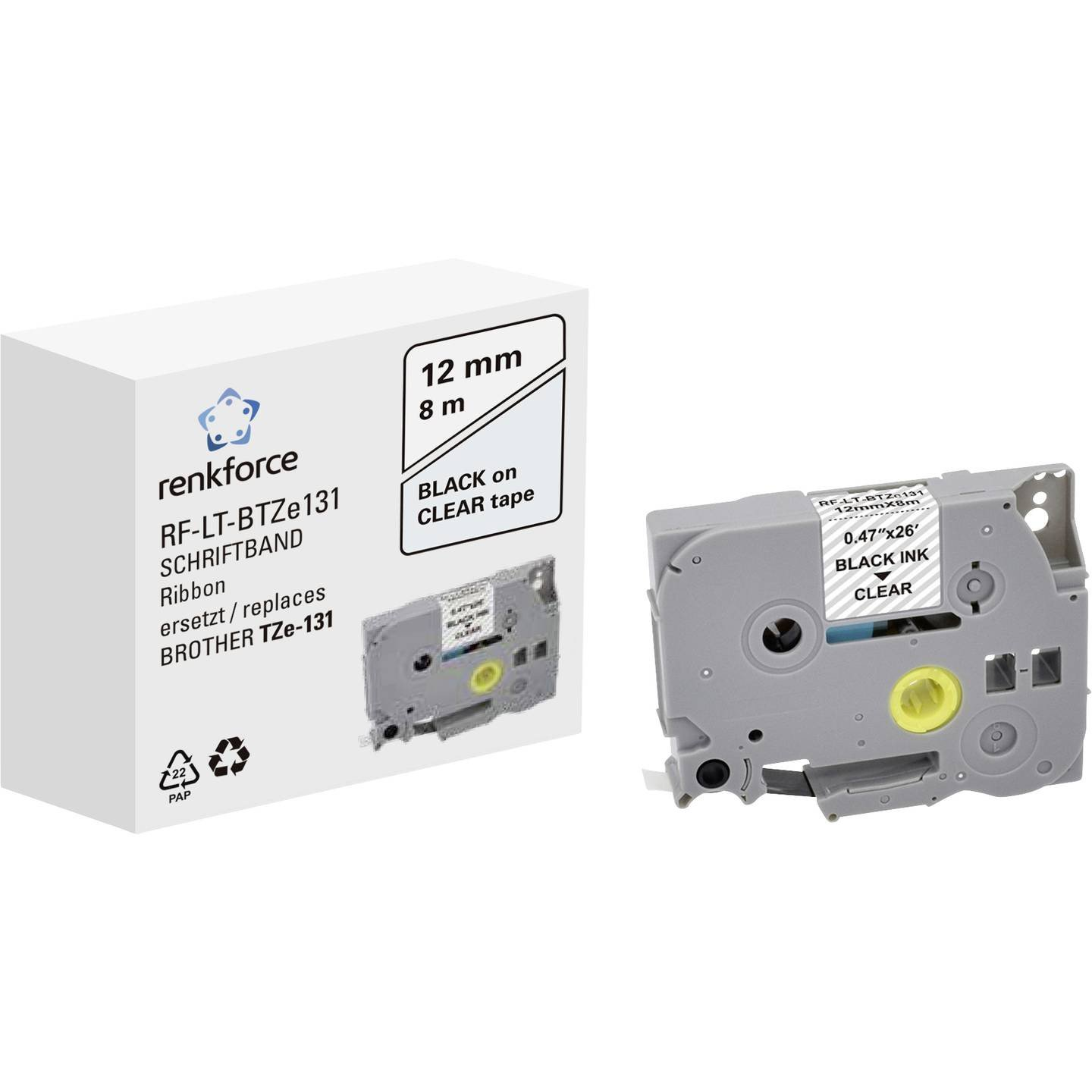 Feliratozó szalag Renkforce RF-LT-BTZe131 Kompatibilis helyettesíti Brother TZe-131 12 mm Szalagszín: Átlátszó Szövegszín: Fekete 8 m (RF-6027796)