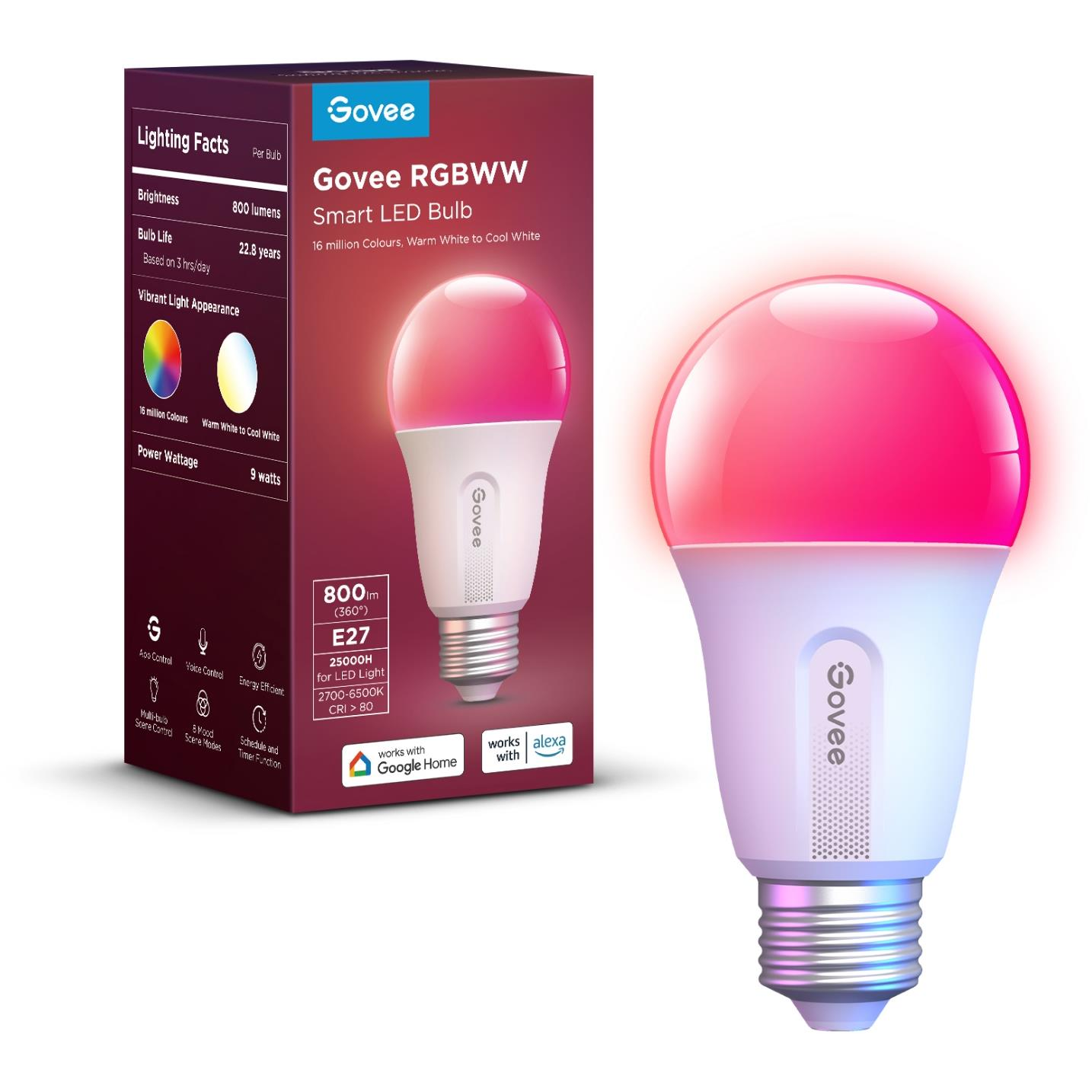 Govee Smart RGBWW 9W - 60W, 800lm, E27, Long Life (H6004CC1)