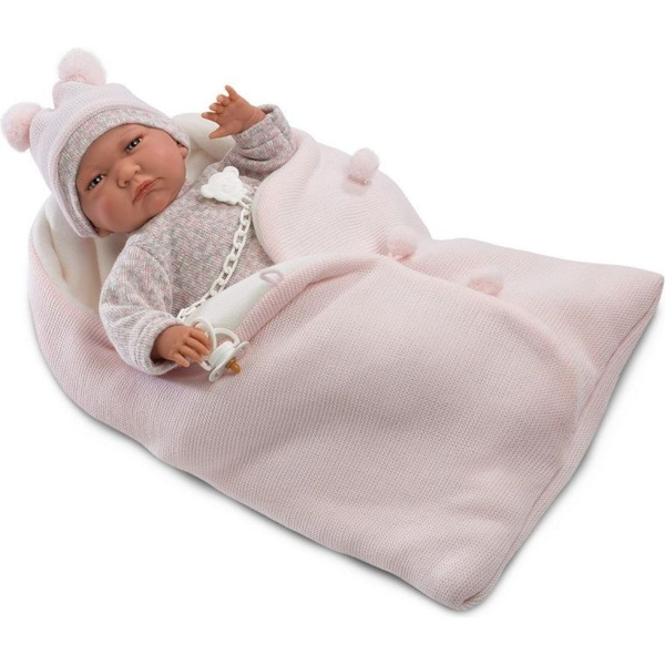 Llorens Lala sírós újszülött baba kötött ruhában, hálózsákkal 42cm (74048)
