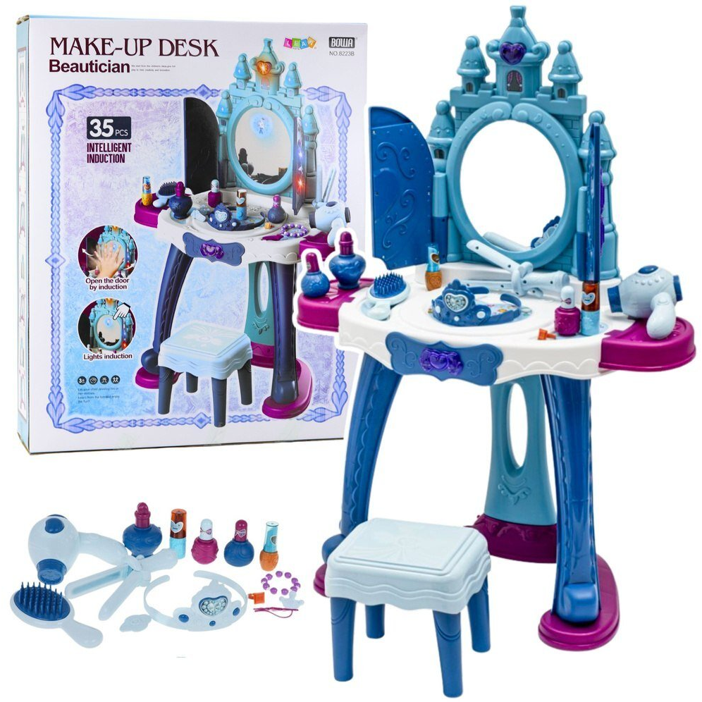 Lean Toys Jéghercegnő Interaktív Fésülködőasztal Tükör Szék Kiegészítők 35 db